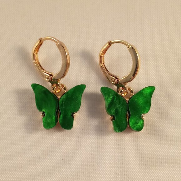 Gold Plated Emerald Green Opal Resin Butterfly Dangle Earrings 12mm Party Gift - Picture 2 of 2